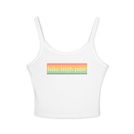 Spaghetti Strap Tank Top β βHike High PNWβ Retro Rainbow Crop Tank
