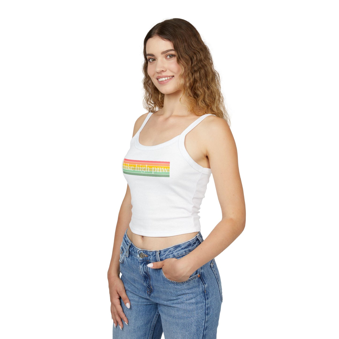 Spaghetti Strap Tank Top — “Hike High PNW” Retro Rainbow Crop Tank