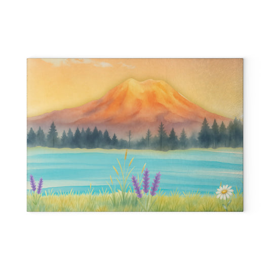 Mt. Rainier Glass Cutting Board β PNW Mountain Lake Kitchen Board