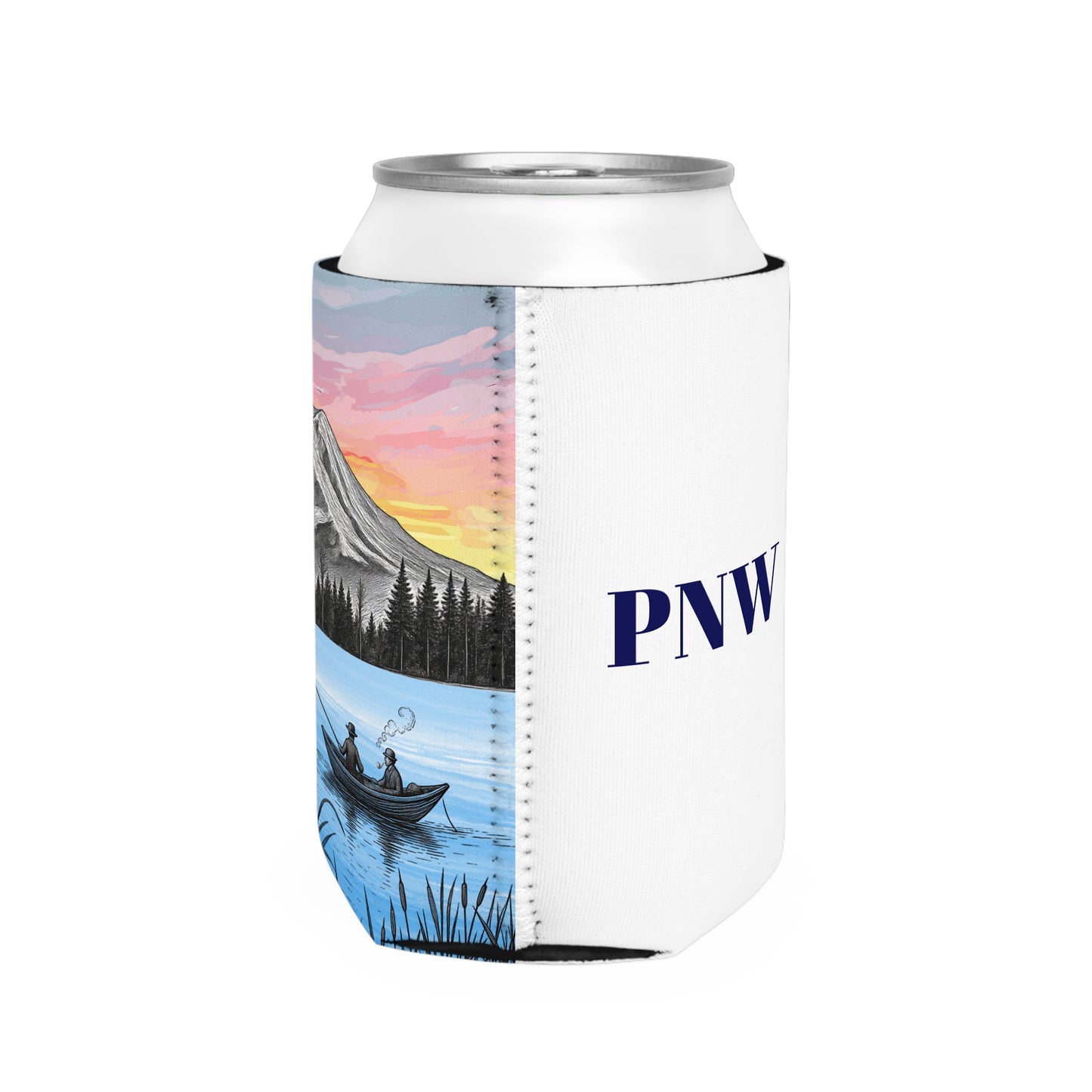 Customizable PNW Can Cooler — Mountain Lake Fishing Drink Sleeve - Father's Day Gift