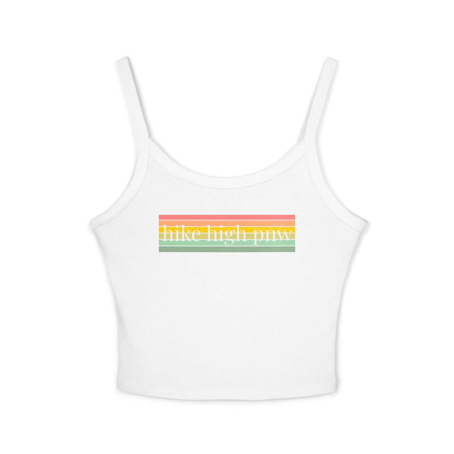 Spaghetti Strap Tank Top — “Hike High PNW” Retro Rainbow Crop Tank