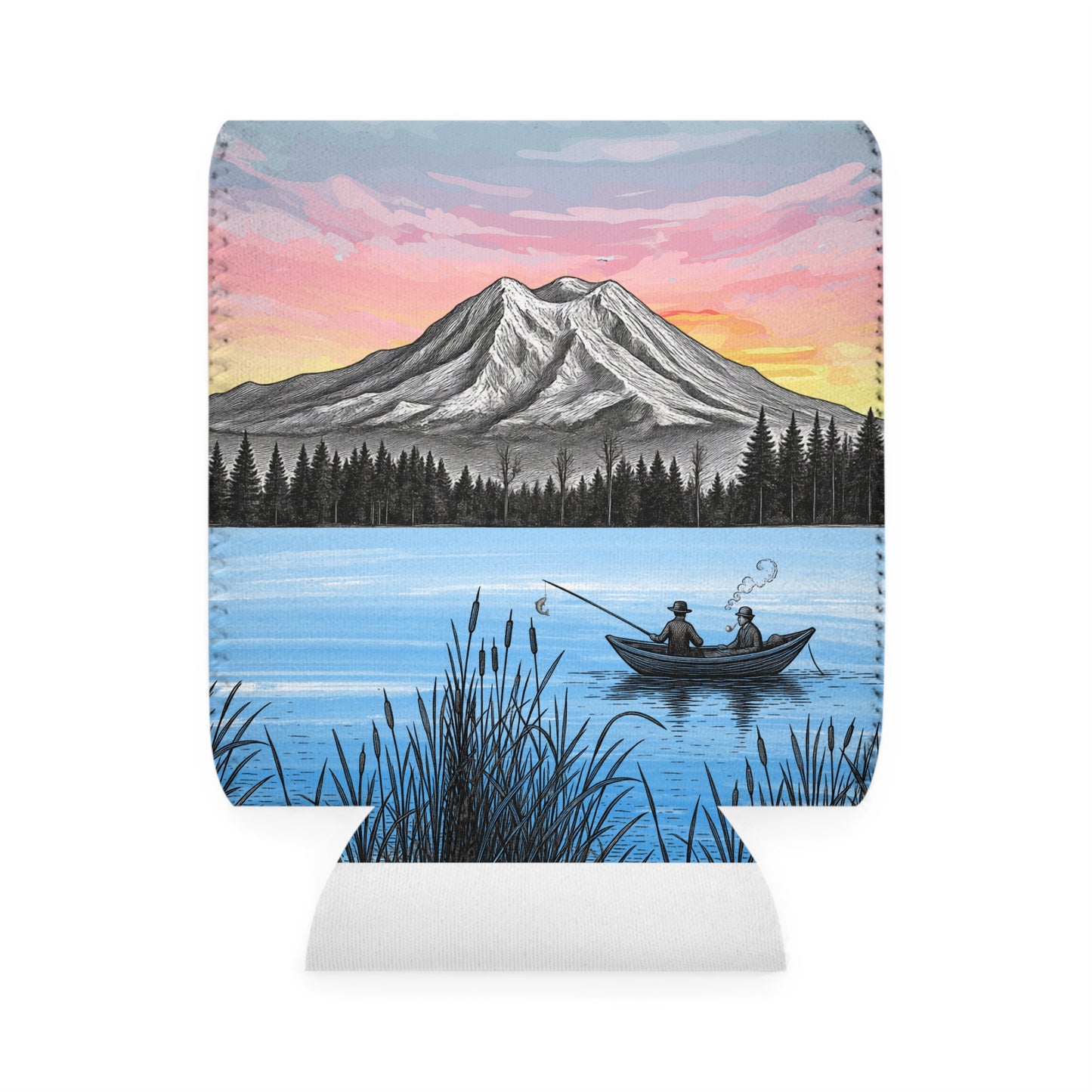 Customizable PNW Can Cooler — Mountain Lake Fishing Drink Sleeve - Father's Day Gift