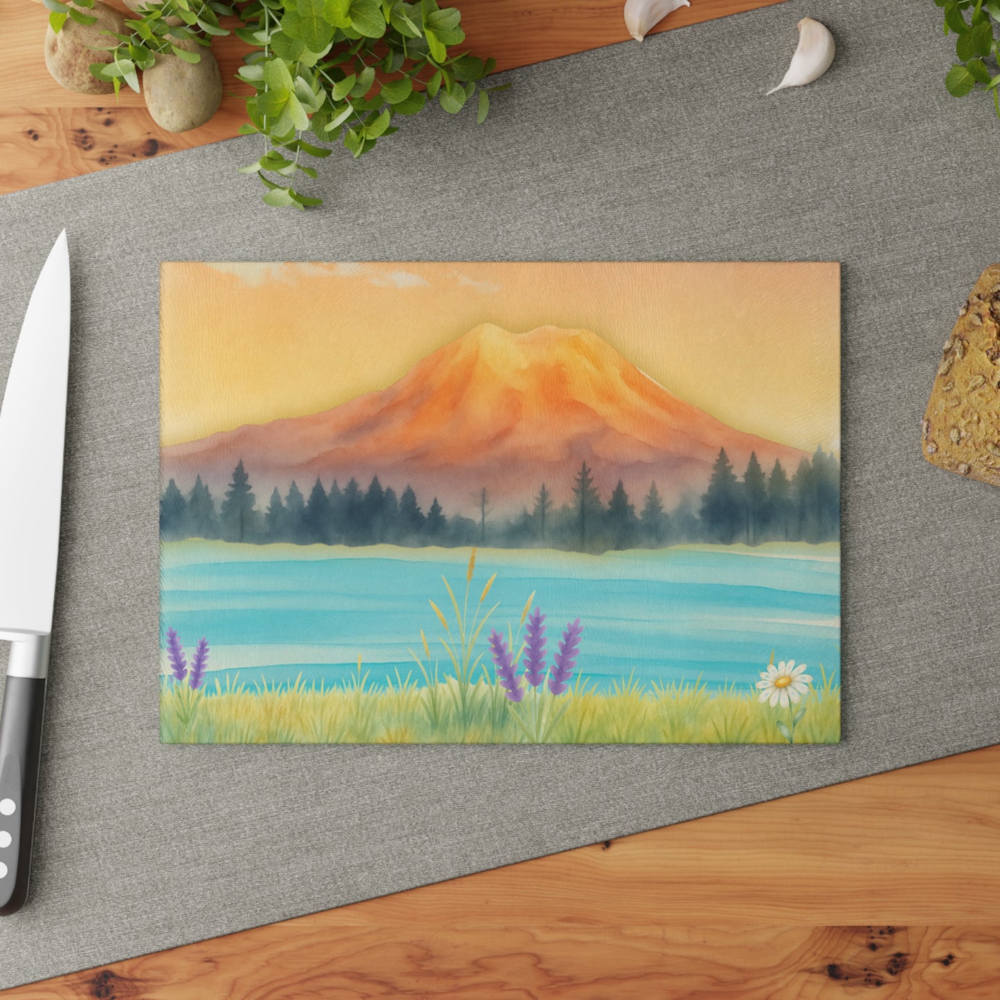 Mt. Rainier Glass Cutting Board — PNW Mountain Lake Kitchen Board