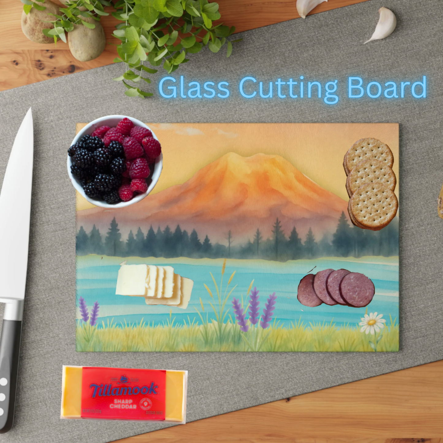 Mt. Rainier Glass Cutting Board — PNW Mountain Lake Kitchen Board