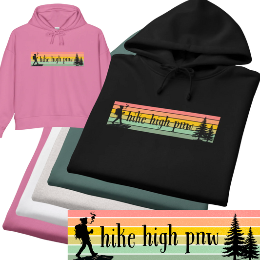 Hiking Stoner Vibes Women's Organic Hoodie – "Hike High Pnw" Retro Sunset Design