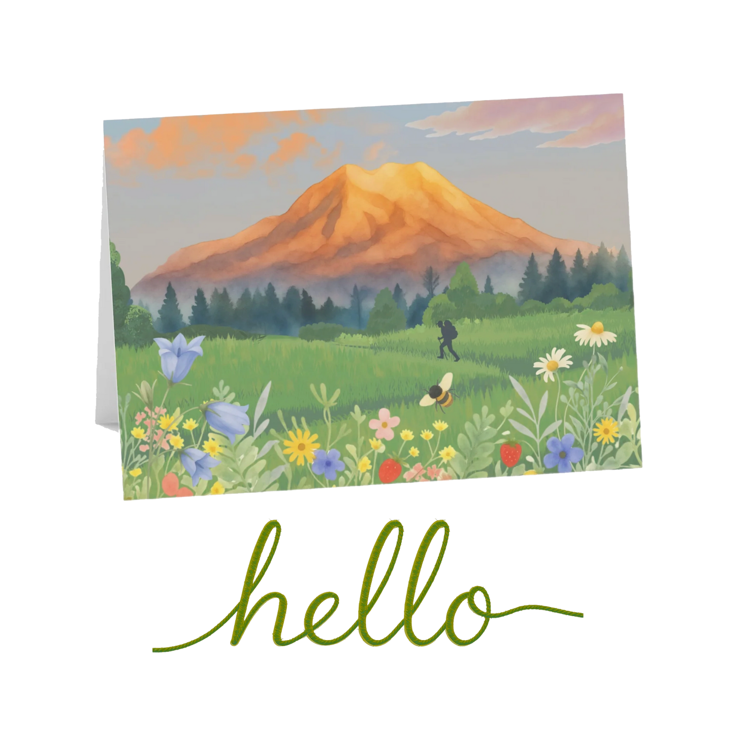 Mt. Rainier Spring Meadow Hiking Silhouette Greeting Card — Pack of 1/10/30/50