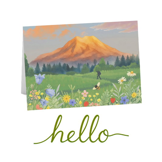 Mt. Rainier Spring Meadow Hiking Silhouette Greeting Card — Pack of 1/10/30/50