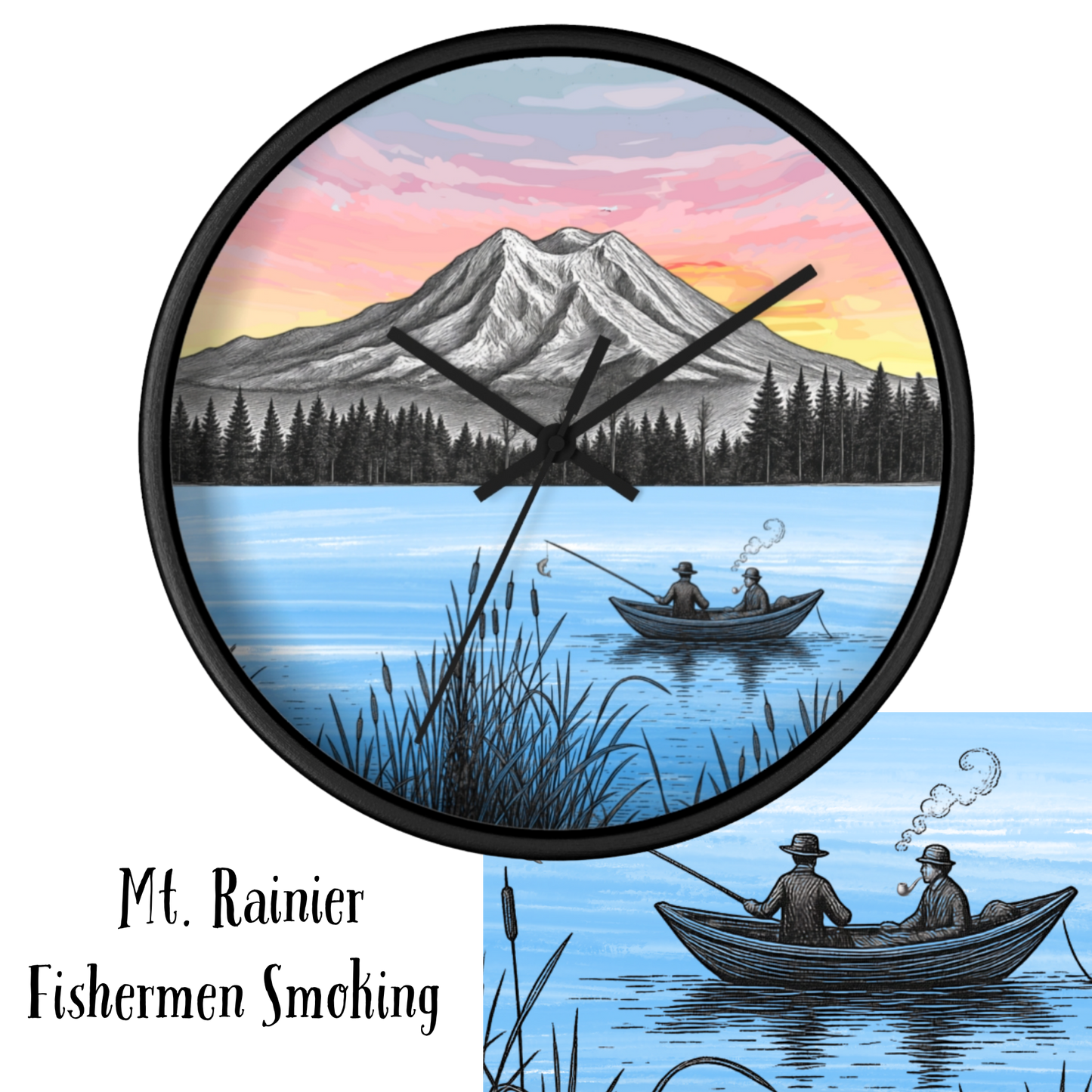 Mt. Rainier Wall Clock — Pnw Mountain Lake Fishing Smoking Decor - Father's Day Gift