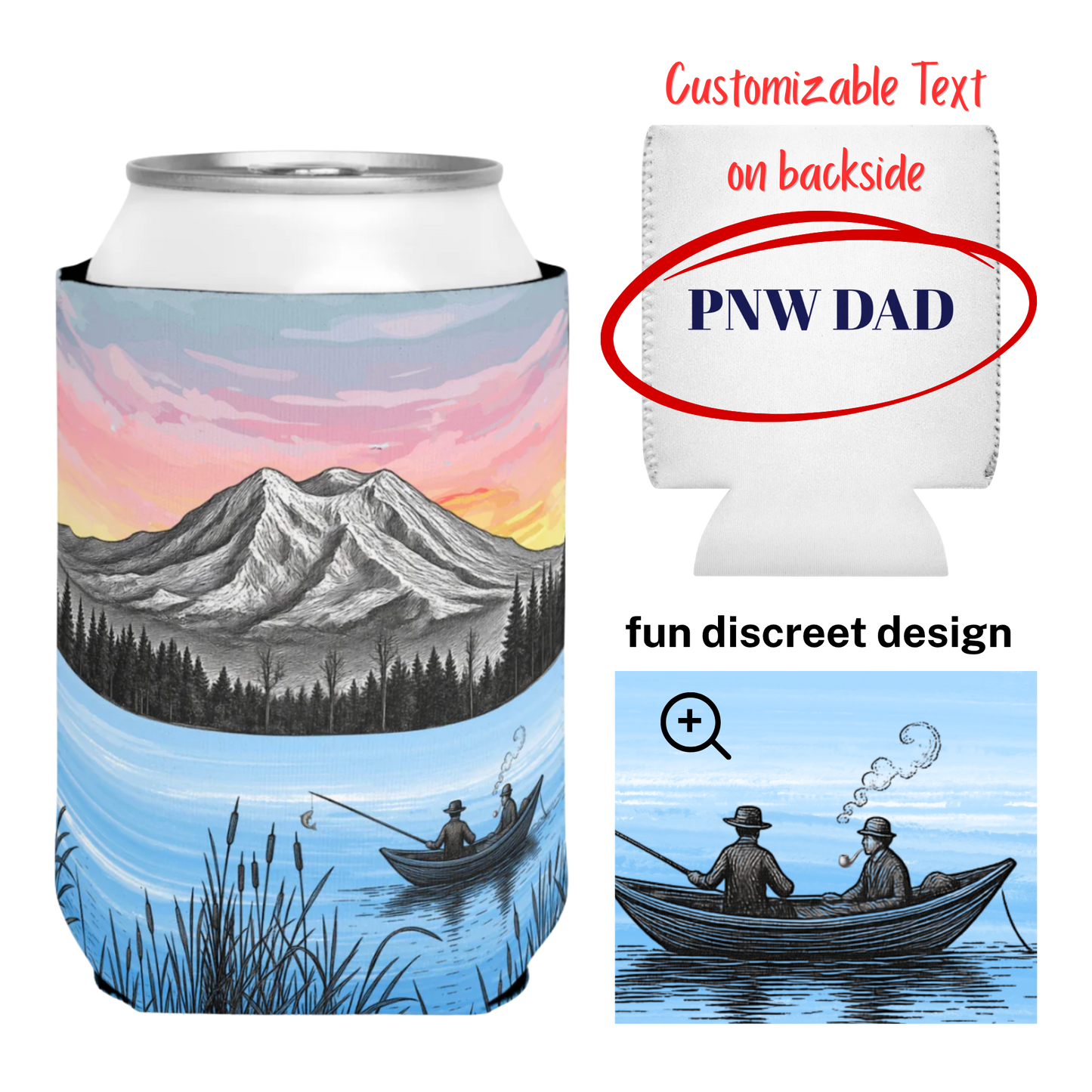Customizable PNW Can Cooler — Mountain Lake Fishing Drink Sleeve - Father's Day Gift