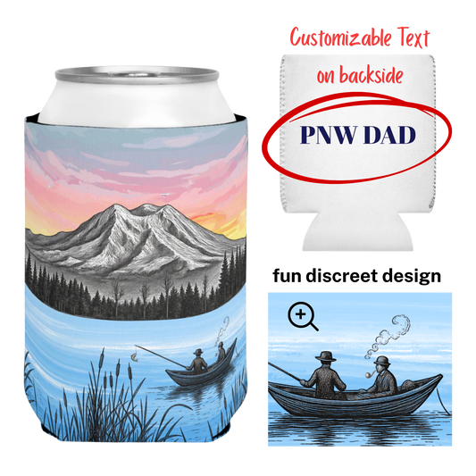 Customizable PNW Can Cooler — Mountain Lake Fishing Drink Sleeve - Father's Day Gift
