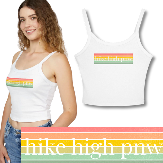 Spaghetti Strap Tank Top — “Hike High PNW” Retro Rainbow Crop Tank