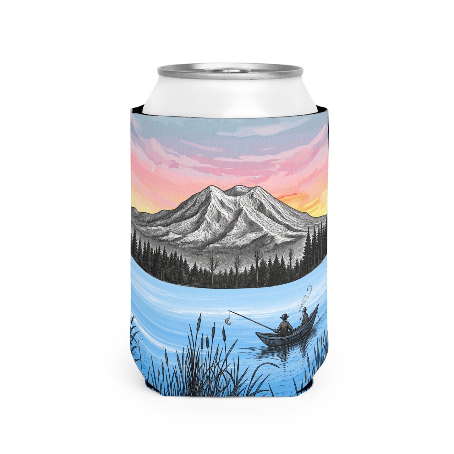 Customizable PNW Can Cooler — Mountain Lake Fishing Drink Sleeve - Father's Day Gift