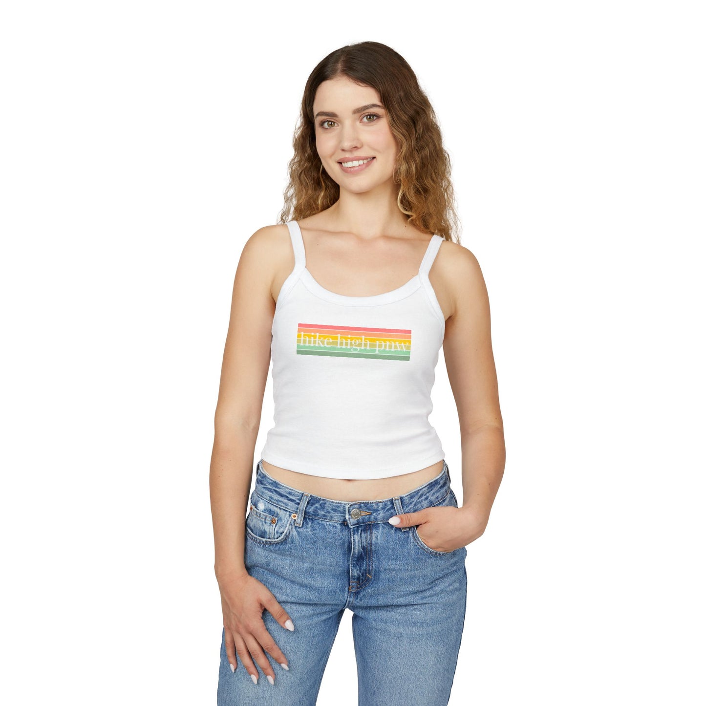 Spaghetti Strap Tank Top — “Hike High PNW” Retro Rainbow Crop Tank