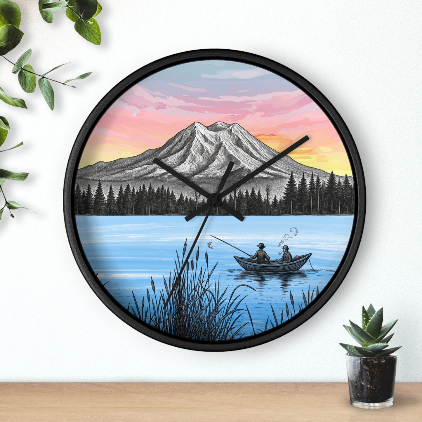 Mt. Rainier Wall Clock — Pnw Mountain Lake Fishing Smoking Decor - Father's Day Gift
