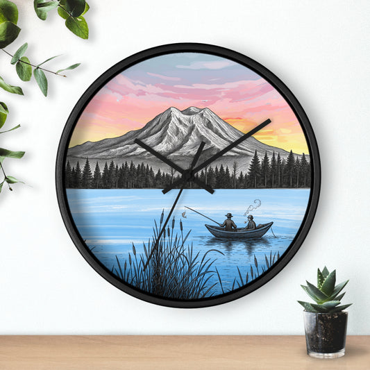 Mt. Rainier Wall Clock — Pnw Mountain Lake Fishing Smoking Decor - Father's Day Gift