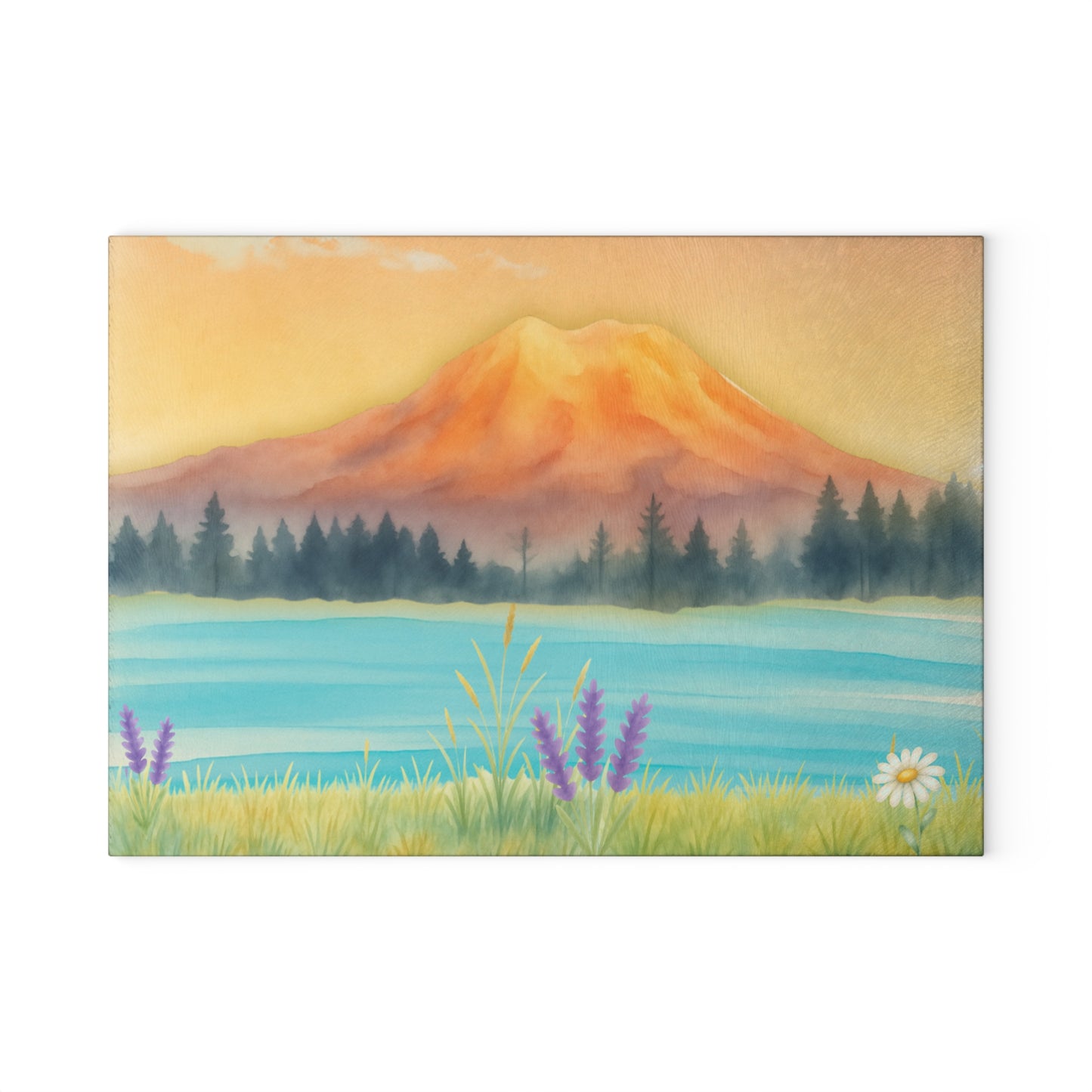 Mt. Rainier Glass Cutting Board — PNW Mountain Lake Kitchen Board