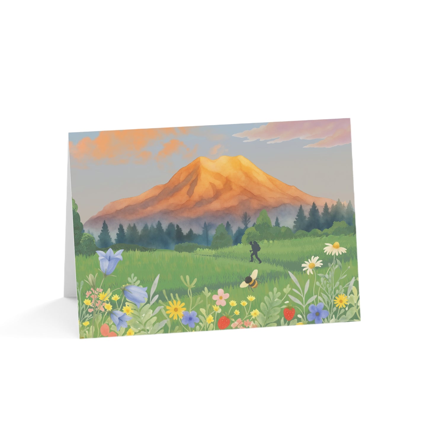Mt. Rainier Spring Meadow Hiking Silhouette Greeting Card — Pack of 1/10/30/50